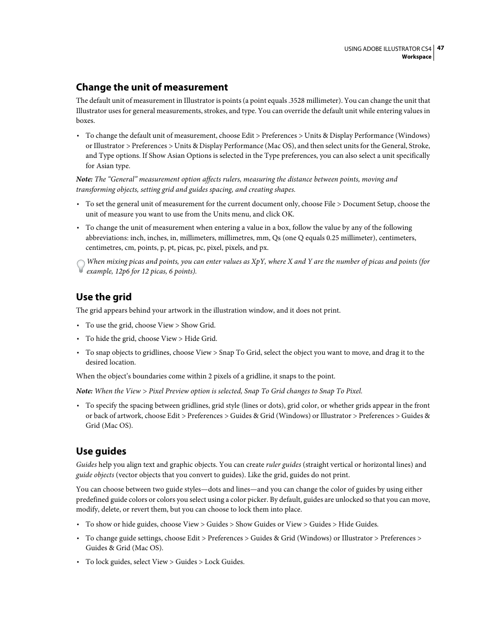 Change the unit of measurement, Use the grid, Use guides | Adobe Illustrator CS4 User Manual | Page 54 / 499