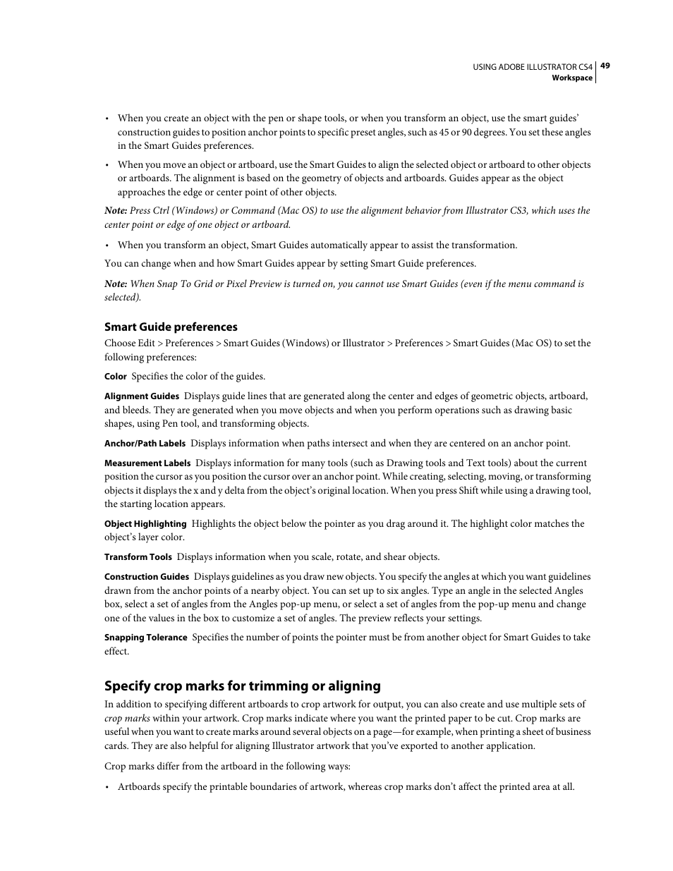 Smart guide preferences, Specify crop marks for trimming or aligning | Adobe Illustrator CS4 User Manual | Page 56 / 499