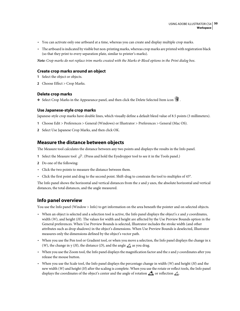 Create crop marks around an object, Delete crop marks, Use japanese-style crop marks | Measure the distance between objects, Info panel overview | Adobe Illustrator CS4 User Manual | Page 57 / 499