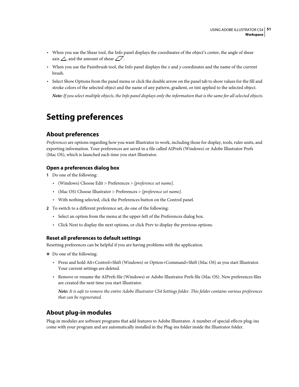 Setting preferences, About preferences, Open a preferences dialog box | Reset all preferences to default settings, About plug-in modules | Adobe Illustrator CS4 User Manual | Page 58 / 499