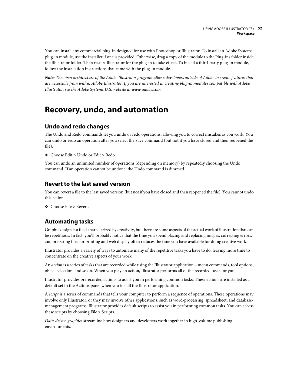 Recovery, undo, and automation, Undo and redo changes, Revert to the last saved version | Automating tasks | Adobe Illustrator CS4 User Manual | Page 59 / 499