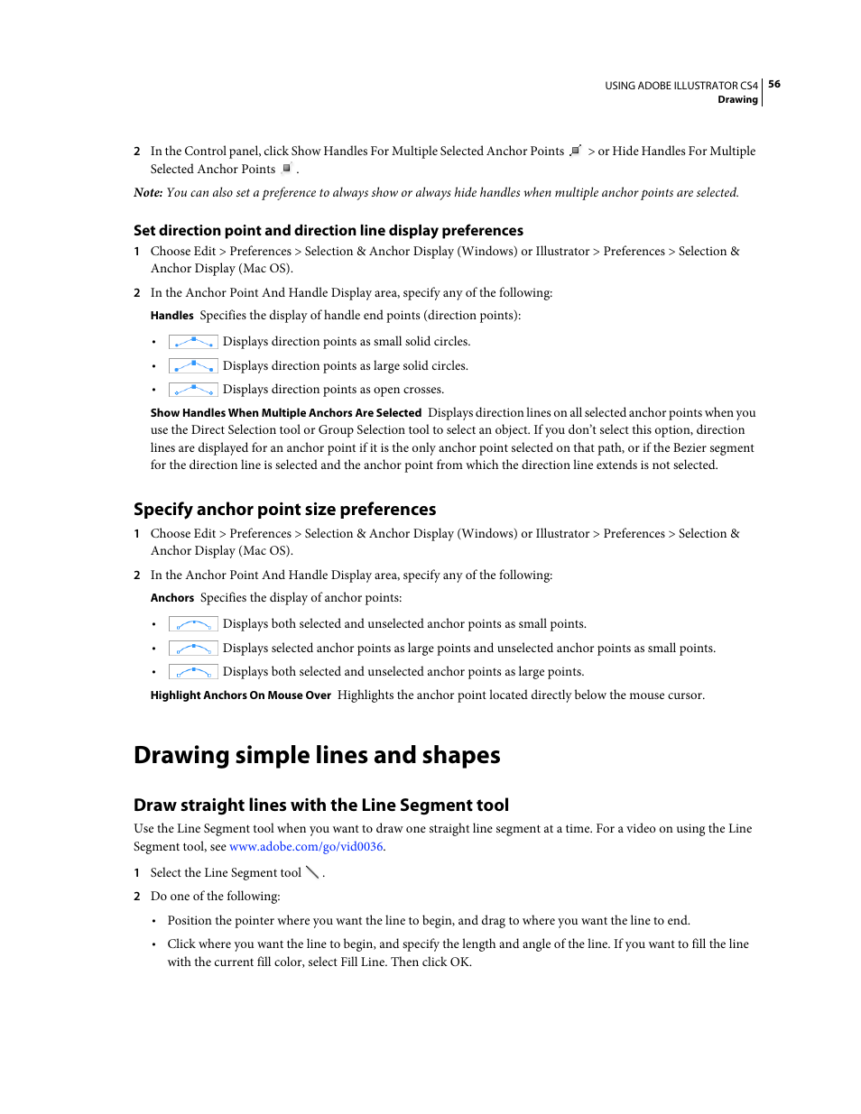 Specify anchor point size preferences, Drawing simple lines and shapes, Draw straight lines with the line segment tool | Adobe Illustrator CS4 User Manual | Page 63 / 499