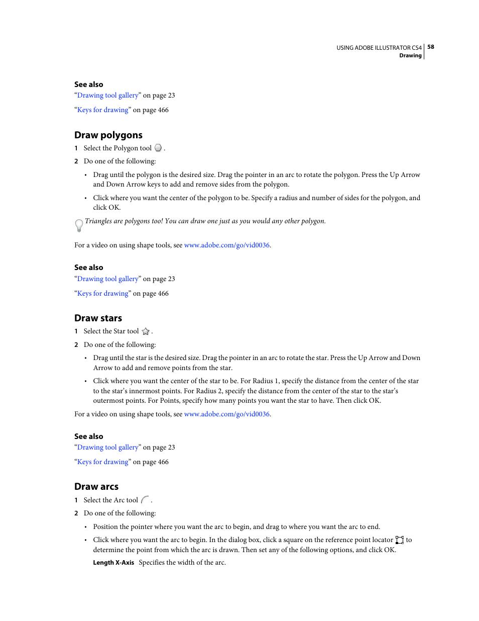 Draw polygons, Draw stars, Draw arcs | Adobe Illustrator CS4 User Manual | Page 65 / 499
