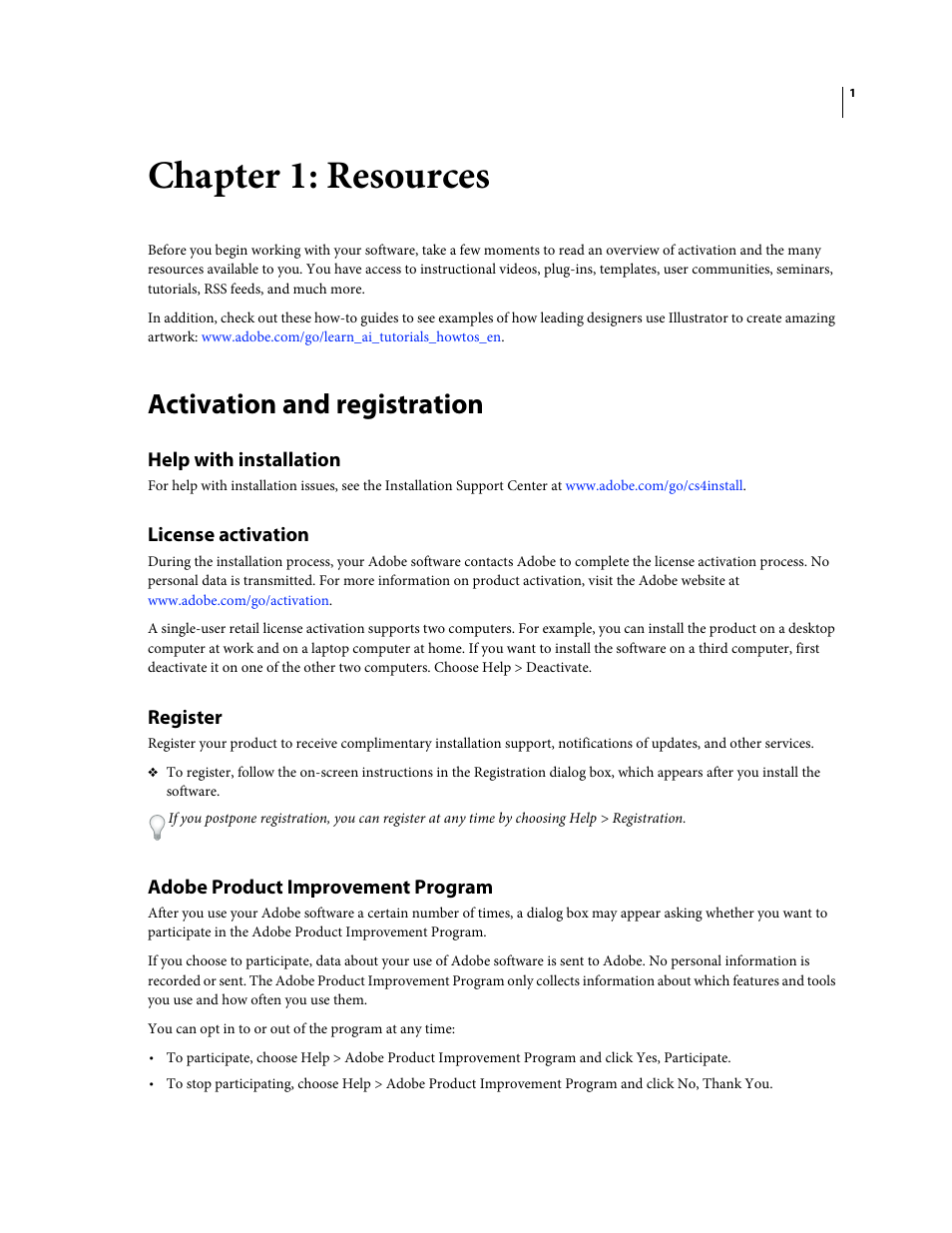 Chapter 1: resources, Activation and registration, Help with installation | License activation, Register, Adobe product improvement program | Adobe Illustrator CS4 User Manual | Page 8 / 499