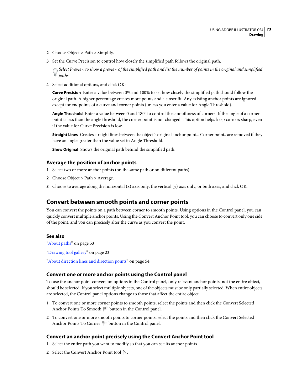 Average the position of anchor points, Convert between smooth points and corner points | Adobe Illustrator CS4 User Manual | Page 80 / 499