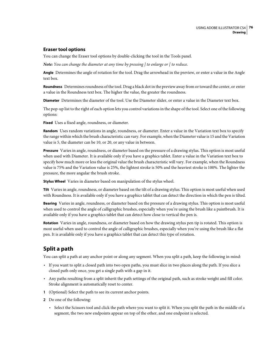 Eraser tool options, Split a path | Adobe Illustrator CS4 User Manual | Page 83 / 499