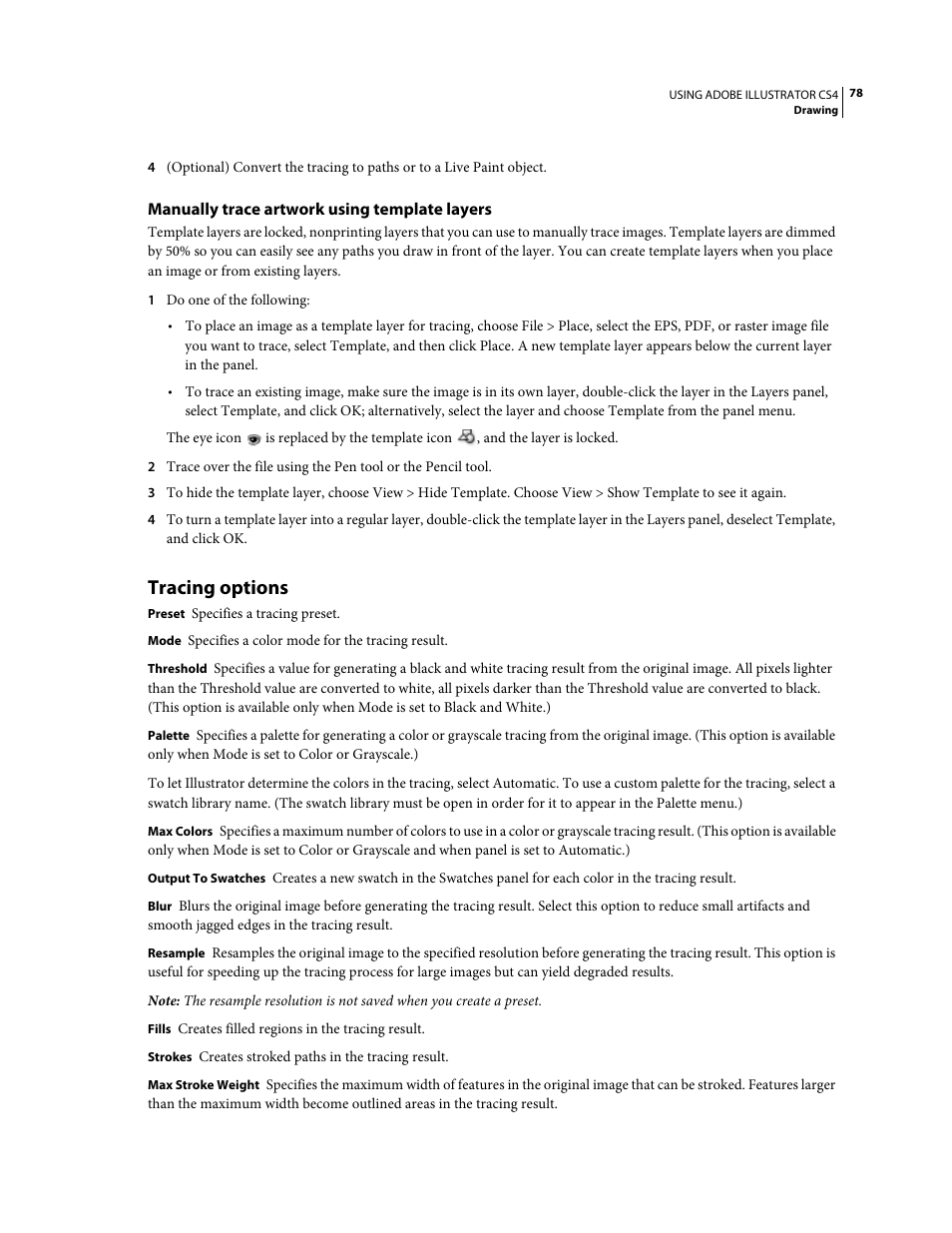 Manually trace artwork using template layers, Tracing options | Adobe Illustrator CS4 User Manual | Page 85 / 499