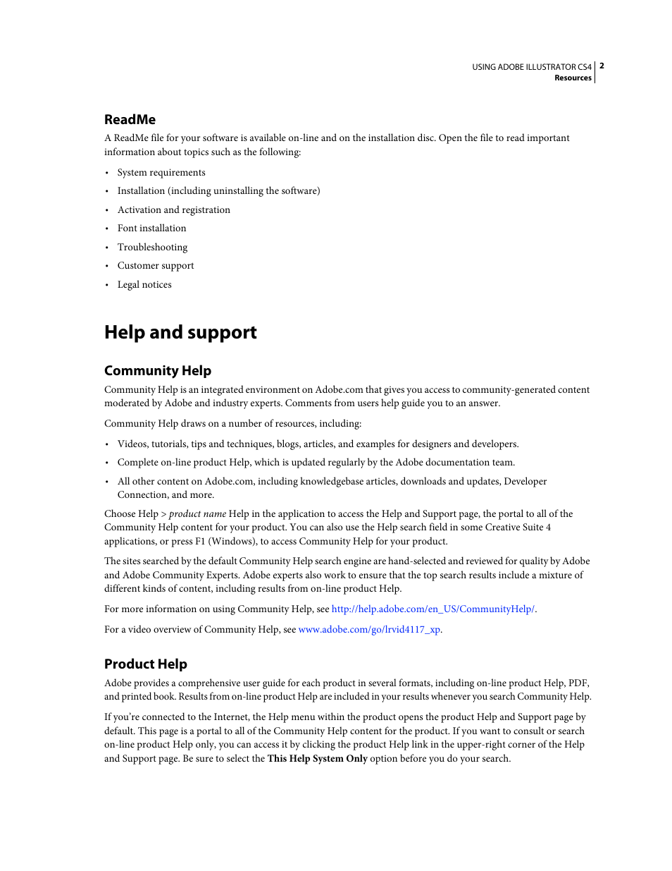 Readme, Help and support, Community help | Product help | Adobe Illustrator CS4 User Manual | Page 9 / 499