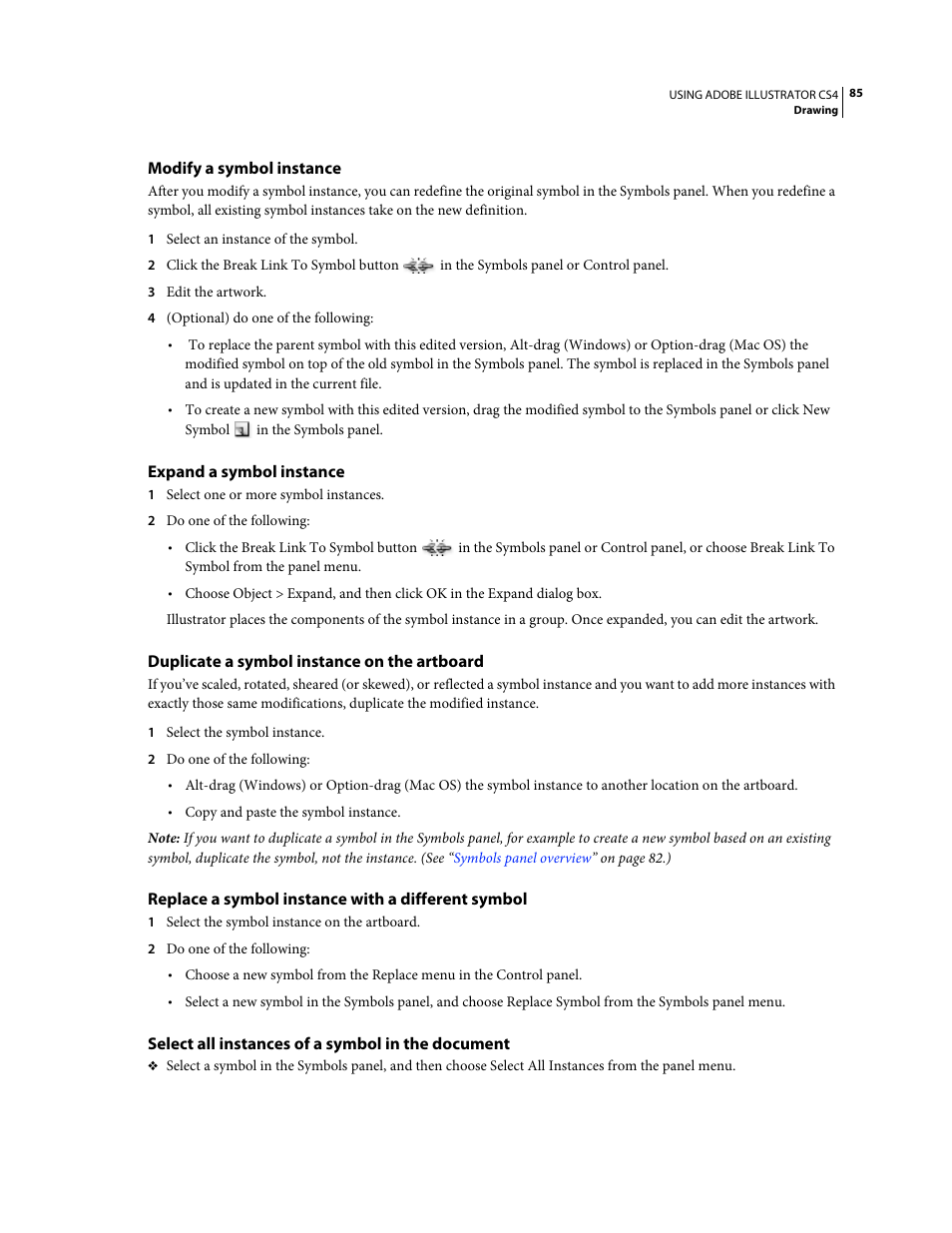 Modify a symbol instance, Expand a symbol instance, Duplicate a symbol instance on the artboard | Replace a symbol instance with a different symbol, Select all instances of a symbol in the document | Adobe Illustrator CS4 User Manual | Page 92 / 499