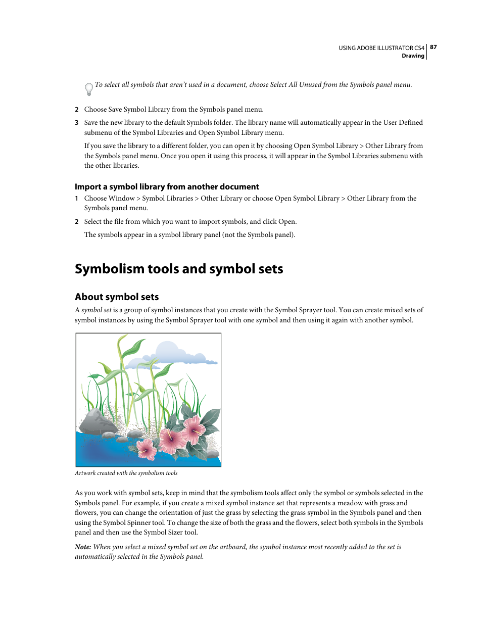 Import a symbol library from another document, Symbolism tools and symbol sets, About symbol sets | Adobe Illustrator CS4 User Manual | Page 94 / 499