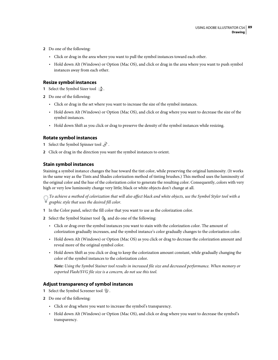 Resize symbol instances, Rotate symbol instances, Stain symbol instances | Adjust transparency of symbol instances | Adobe Illustrator CS4 User Manual | Page 96 / 499