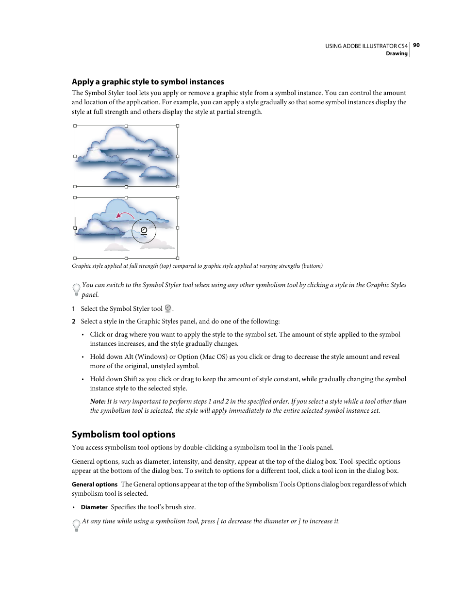 Apply a graphic style to symbol instances, Symbolism tool options | Adobe Illustrator CS4 User Manual | Page 97 / 499