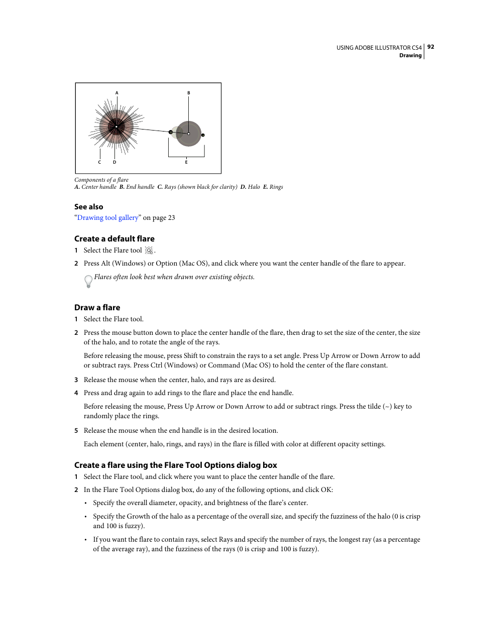 Create a default flare, Draw a flare | Adobe Illustrator CS4 User Manual | Page 99 / 499