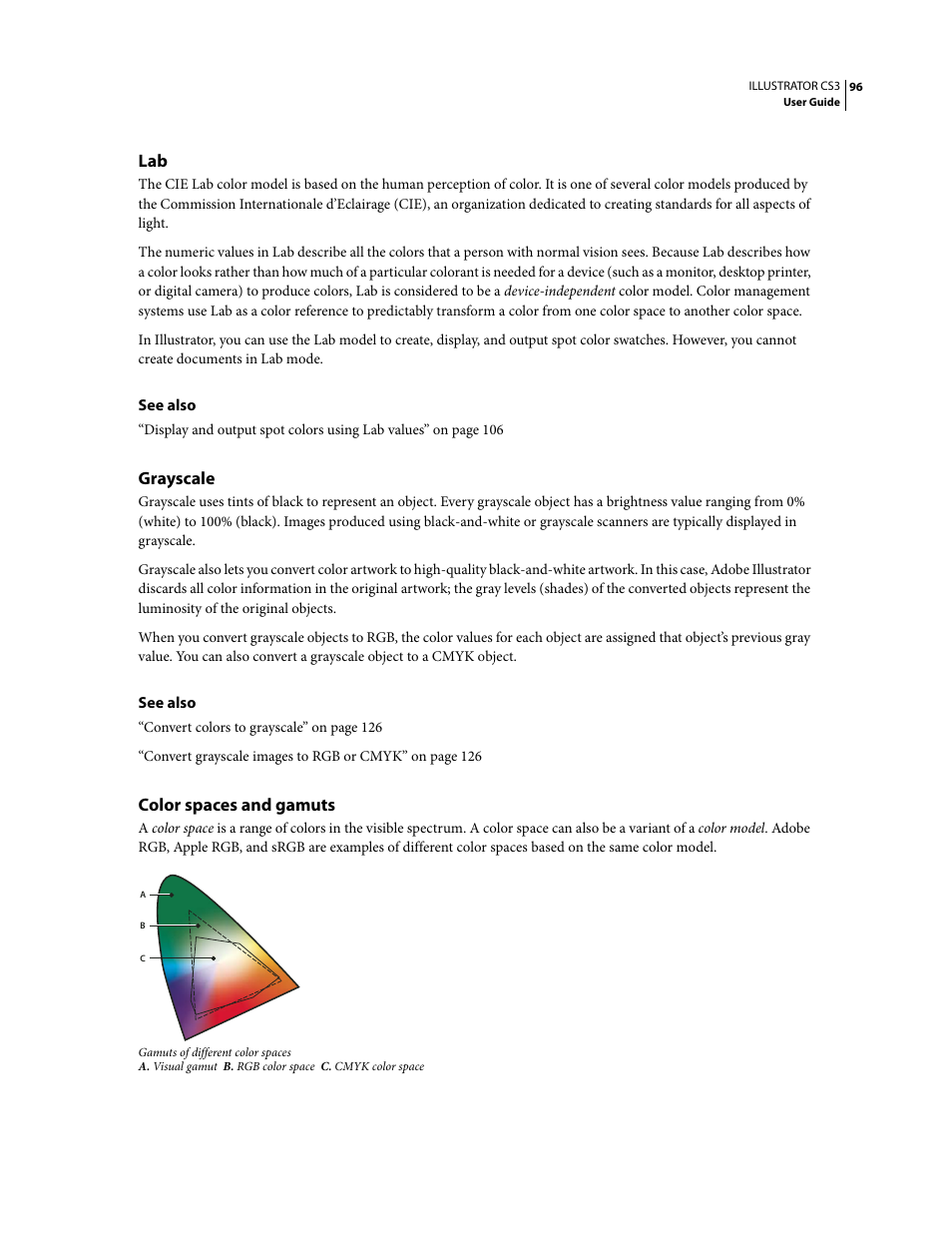 Grayscale, Color spaces and gamuts | Adobe Illustrator CS3 User Manual | Page 102 / 495