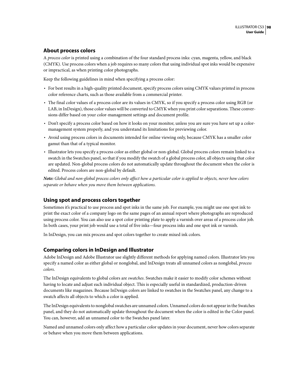 About process colors, Using spot and process colors together, Comparing colors in indesign and illustrator | Adobe Illustrator CS3 User Manual | Page 104 / 495