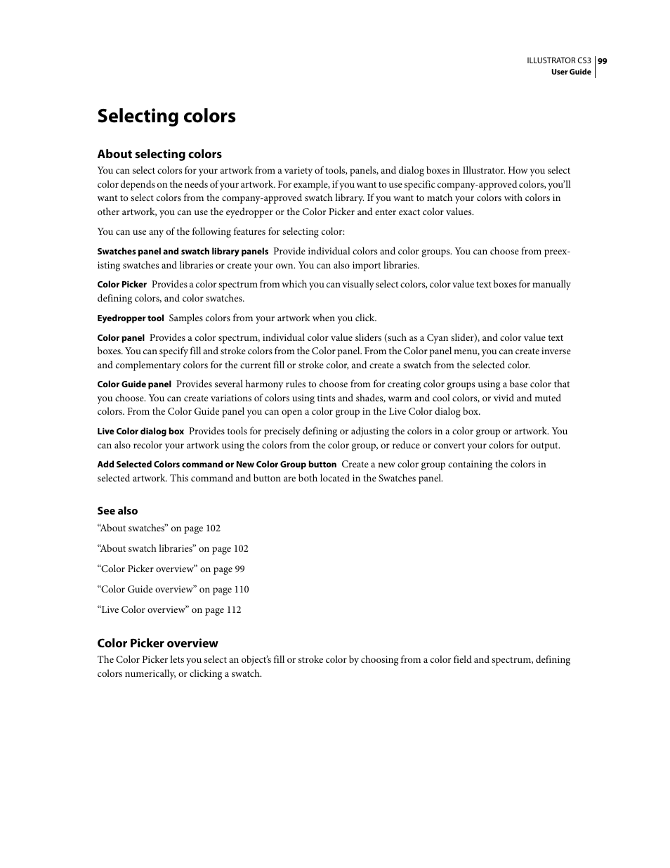 Selecting colors, About selecting colors, Color picker overview | Adobe Illustrator CS3 User Manual | Page 105 / 495