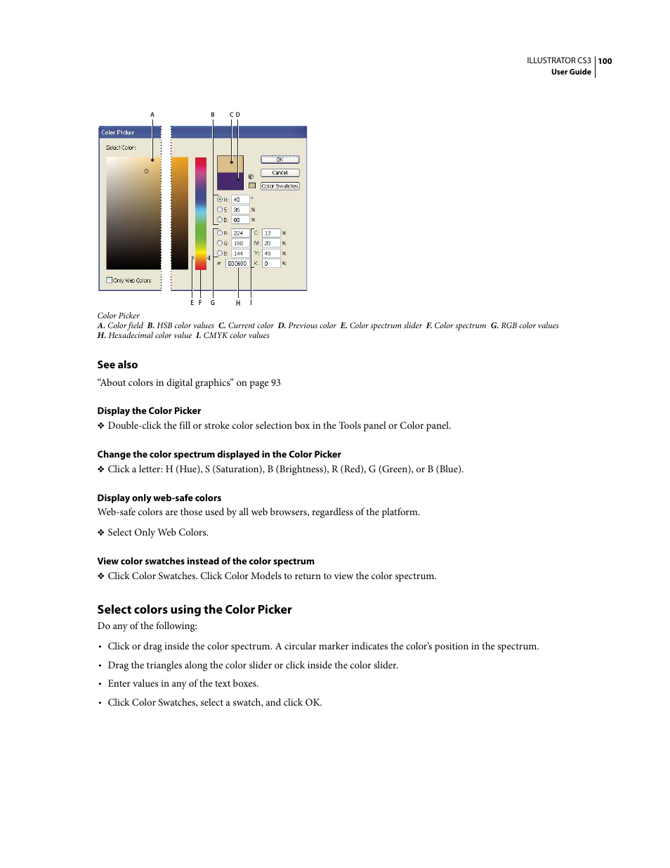 Select colors using the color picker | Adobe Illustrator CS3 User Manual | Page 106 / 495
