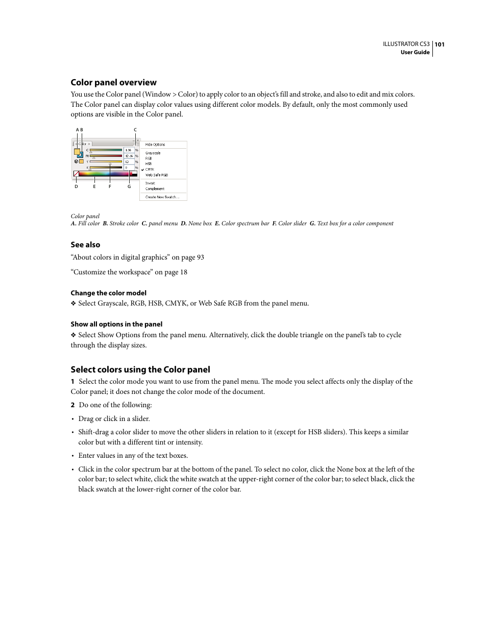 Color panel overview, Select colors using the color panel | Adobe Illustrator CS3 User Manual | Page 107 / 495