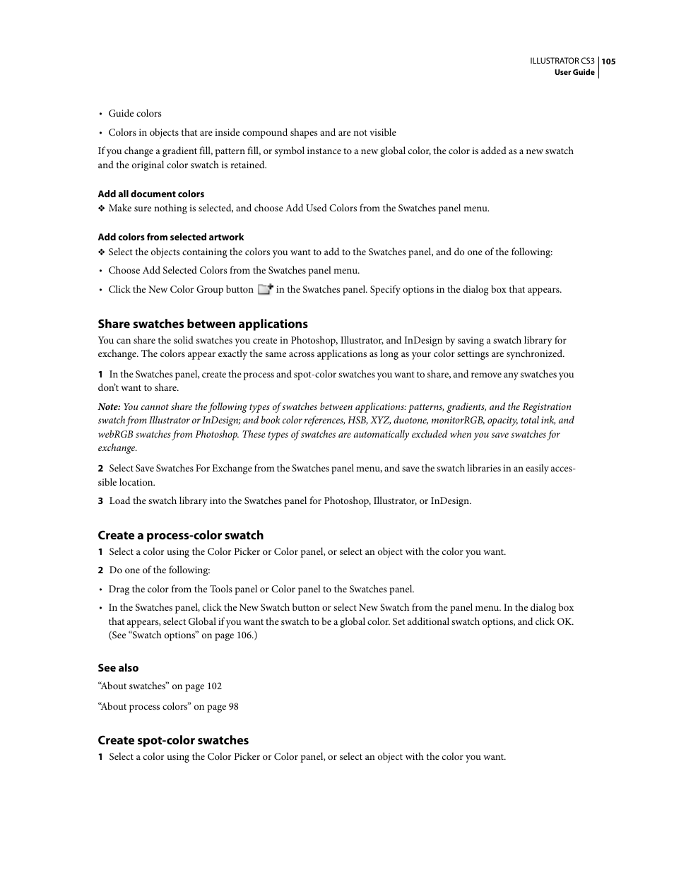 Share swatches between applications, Create a process-color swatch, Create spot-color swatches | Adobe Illustrator CS3 User Manual | Page 111 / 495