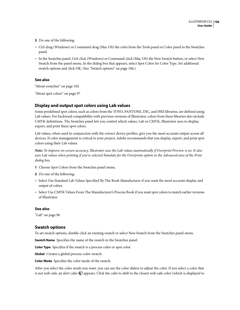 Display and output spot colors using lab values, Swatch options | Adobe Illustrator CS3 User Manual | Page 112 / 495