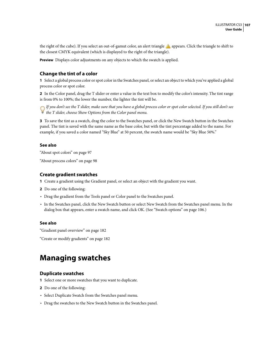 Change the tint of a color, Create gradient swatches, Managing swatches | Duplicate swatches | Adobe Illustrator CS3 User Manual | Page 113 / 495