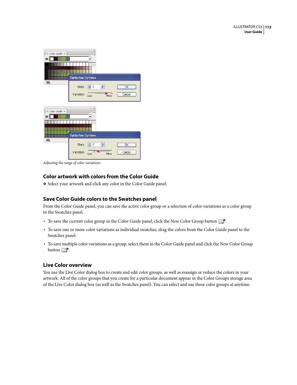 Color artwork with colors from the color guide, Save color guide colors to the swatches panel, Live color overview | Adobe Illustrator CS3 User Manual | Page 118 / 495