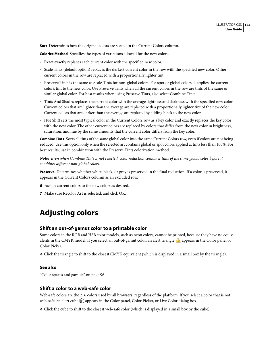 Adjusting colors, Shift an out-of-gamut color to a printable color, Shift a color to a web-safe color | Adobe Illustrator CS3 User Manual | Page 130 / 495