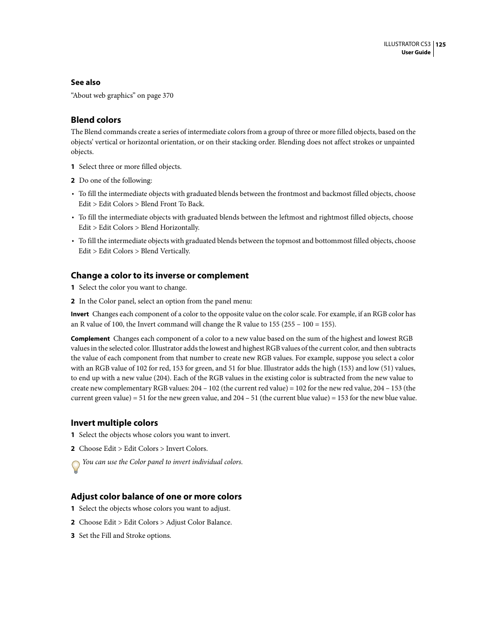 Blend colors, Change a color to its inverse or complement, Invert multiple colors | Adjust color balance of one or more colors | Adobe Illustrator CS3 User Manual | Page 131 / 495