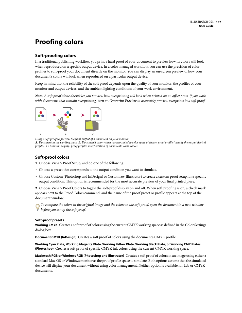 Proofing colors, Soft-proofing colors, Soft-proof colors | Adobe Illustrator CS3 User Manual | Page 143 / 495