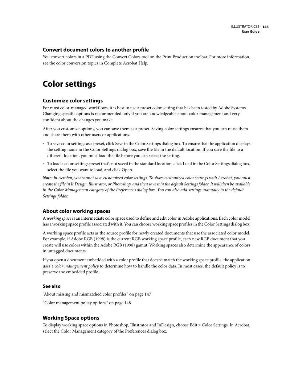 Convert document colors to another profile, Color settings, Customize color settings | About color working spaces, Working space options | Adobe Illustrator CS3 User Manual | Page 152 / 495