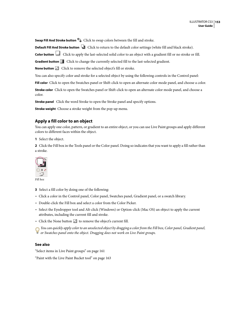 Apply a fill color to an object | Adobe Illustrator CS3 User Manual | Page 159 / 495