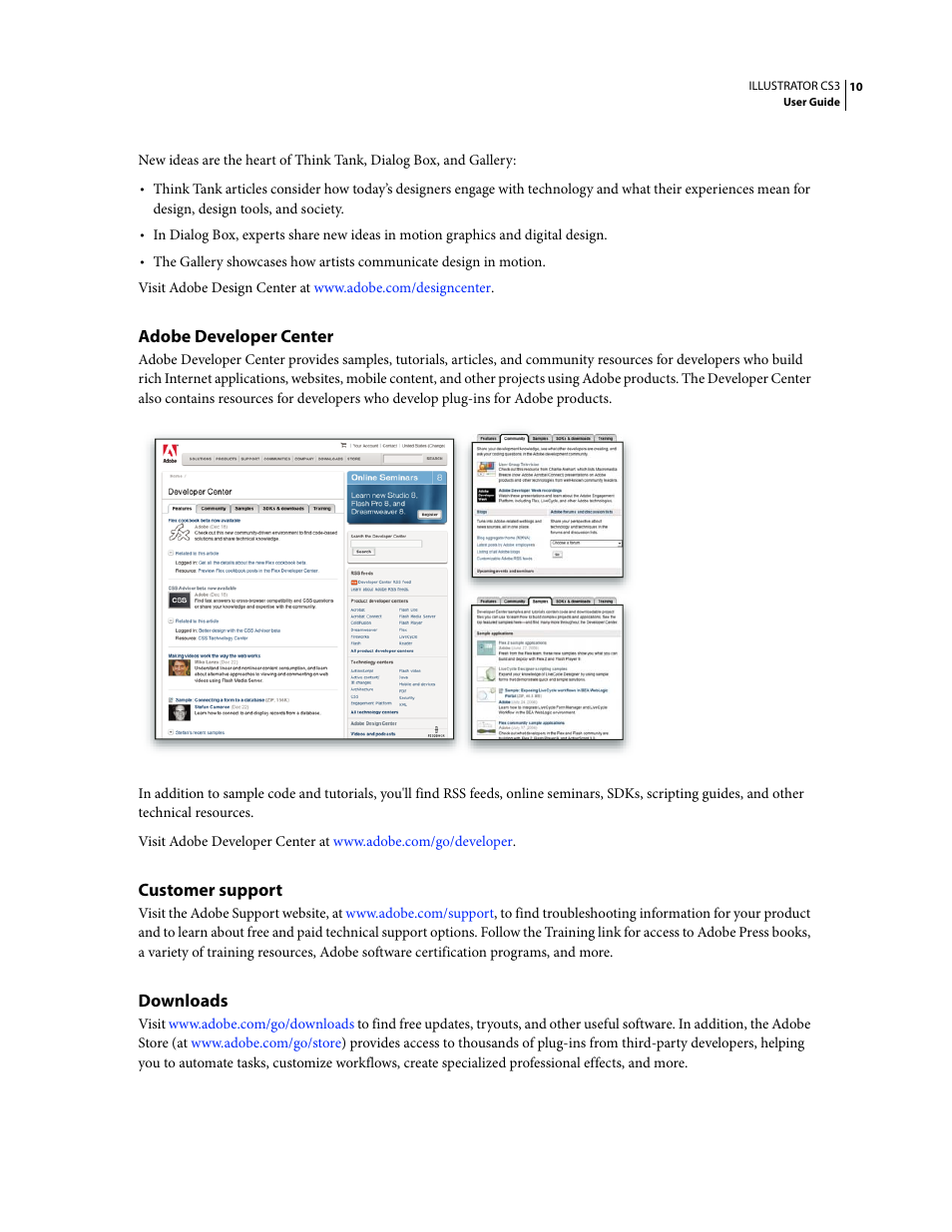 Adobe developer center, Customer support, Downloads | Adobe Illustrator CS3 User Manual | Page 16 / 495