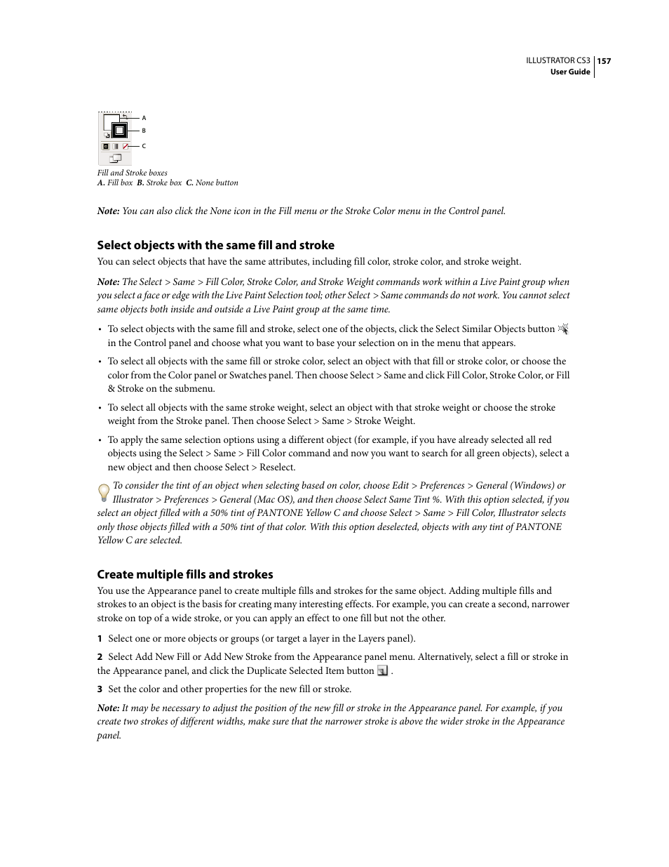 Select objects with the same fill and stroke, Create multiple fills and strokes | Adobe Illustrator CS3 User Manual | Page 163 / 495