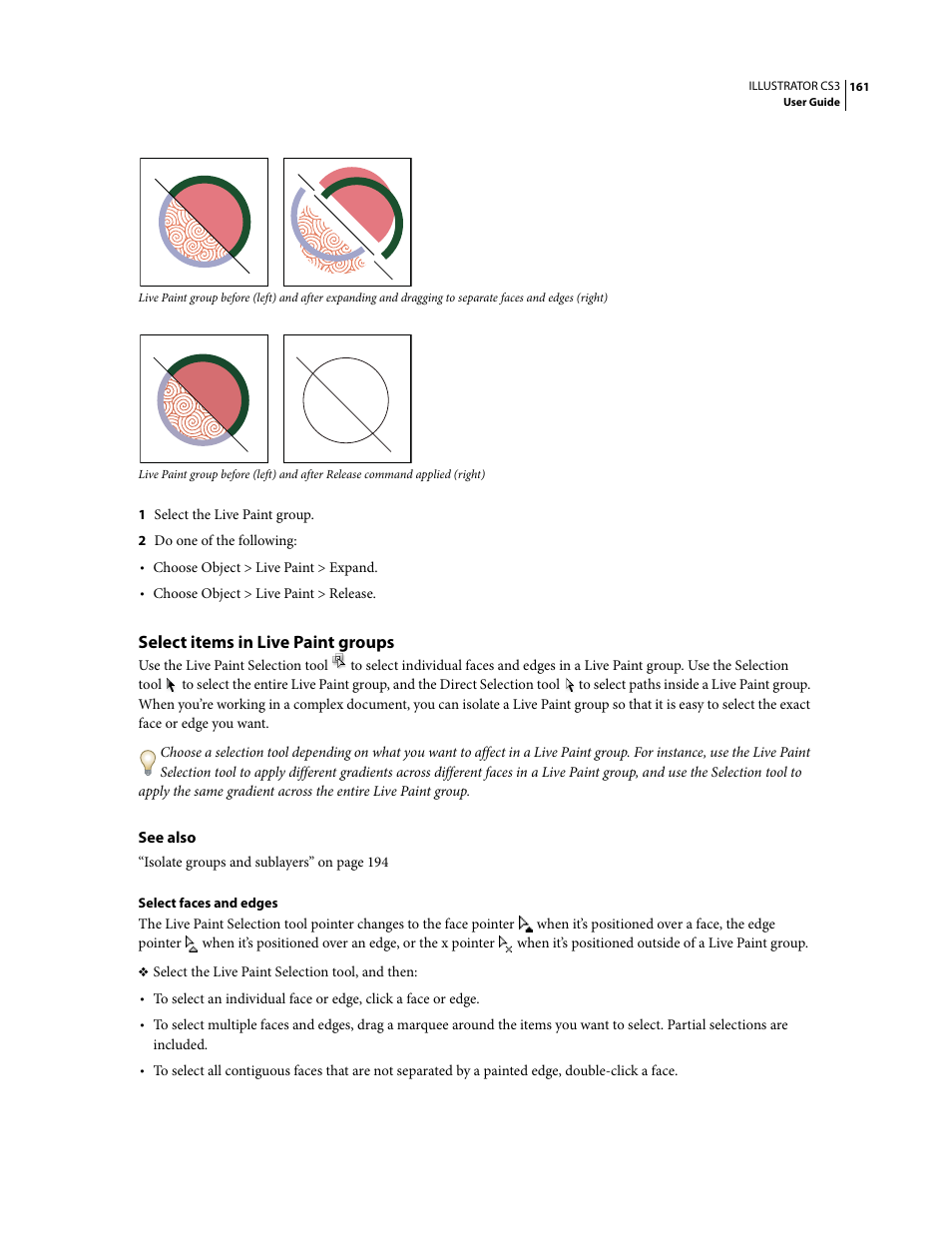 Select items in live paint groups | Adobe Illustrator CS3 User Manual | Page 167 / 495