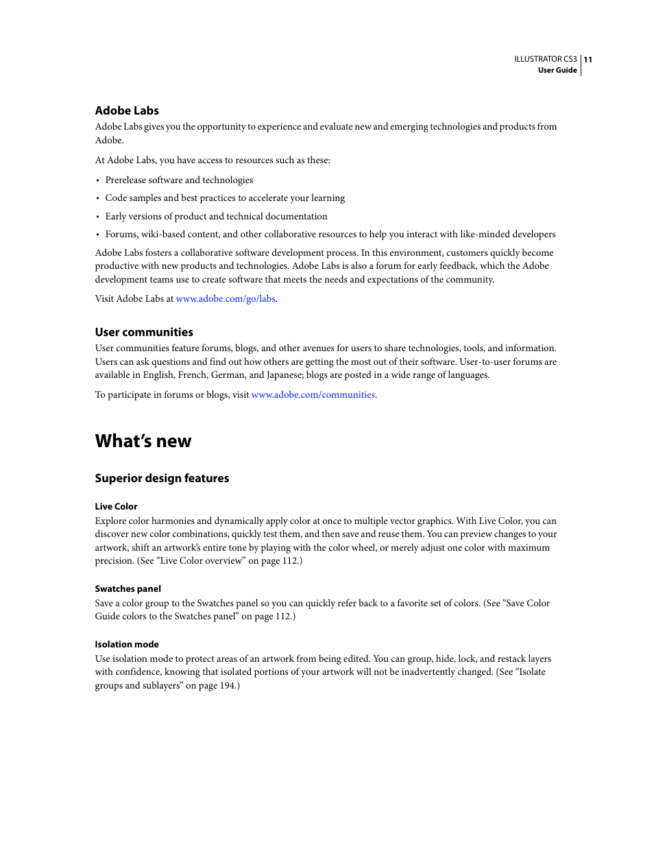 Adobe labs, User communities, What’s new | Superior design features | Adobe Illustrator CS3 User Manual | Page 17 / 495