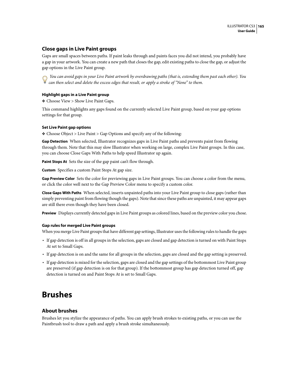 Close gaps in live paint groups, Brushes, About brushes | Adobe Illustrator CS3 User Manual | Page 171 / 495