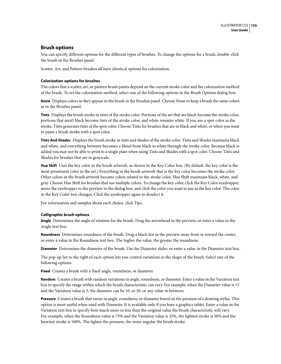 Brush options | Adobe Illustrator CS3 User Manual | Page 176 / 495