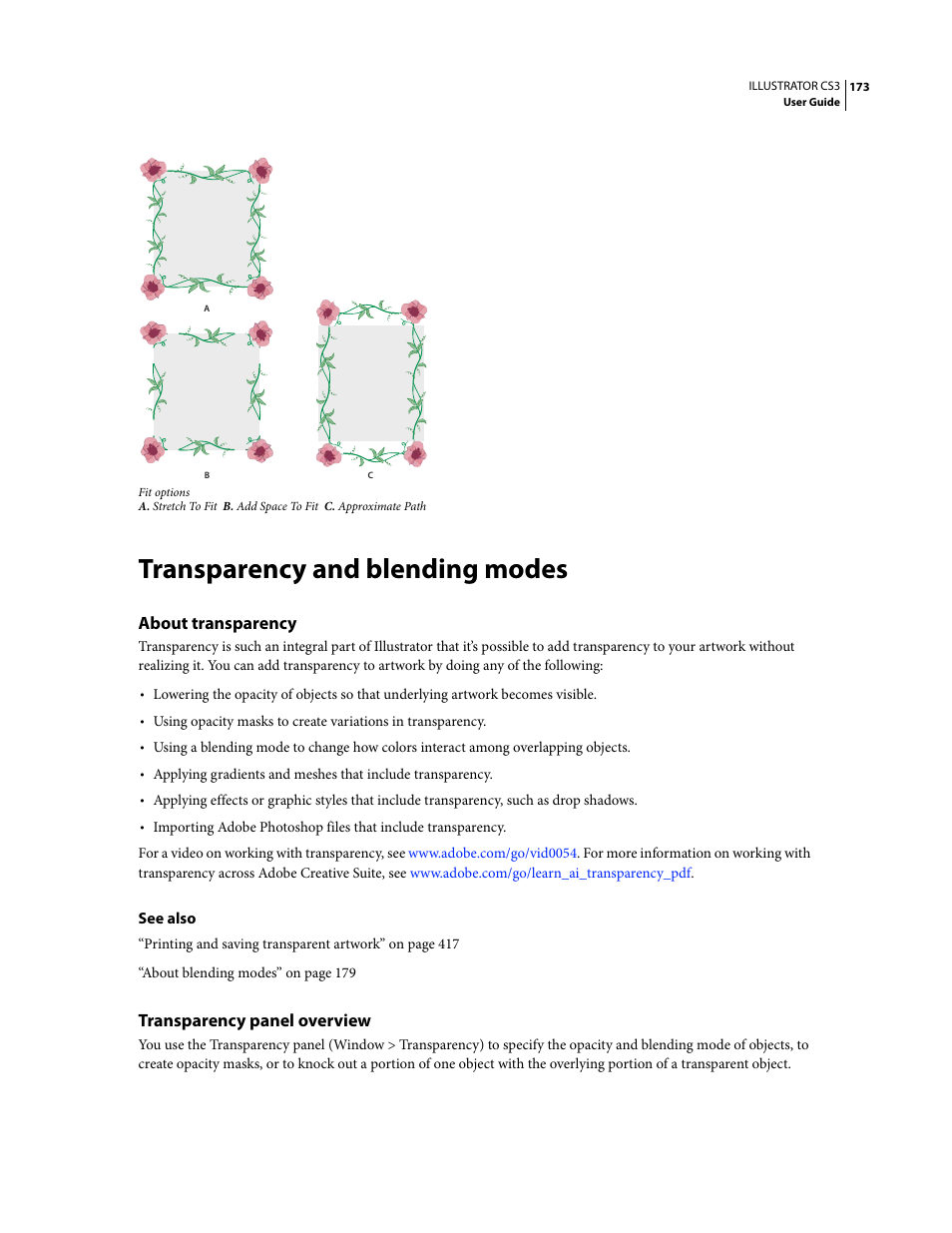 Transparency and blending modes, About transparency, Transparency panel overview | Adobe Illustrator CS3 User Manual | Page 179 / 495