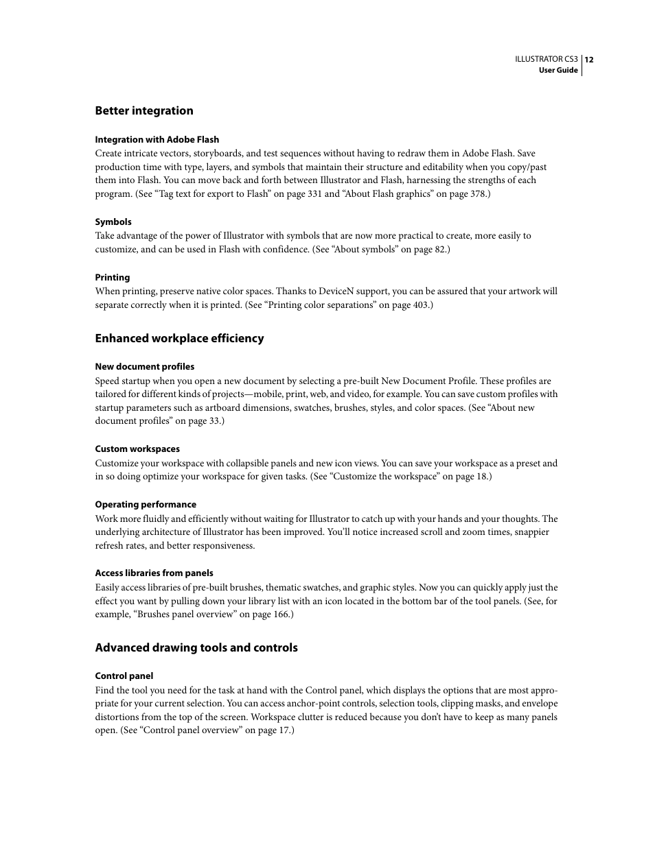 Better integration, Enhanced workplace efficiency, Advanced drawing tools and controls | Adobe Illustrator CS3 User Manual | Page 18 / 495