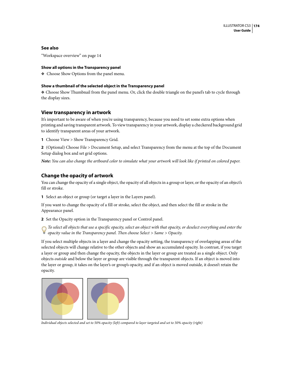 View transparency in artwork, Change the opacity of artwork | Adobe Illustrator CS3 User Manual | Page 180 / 495