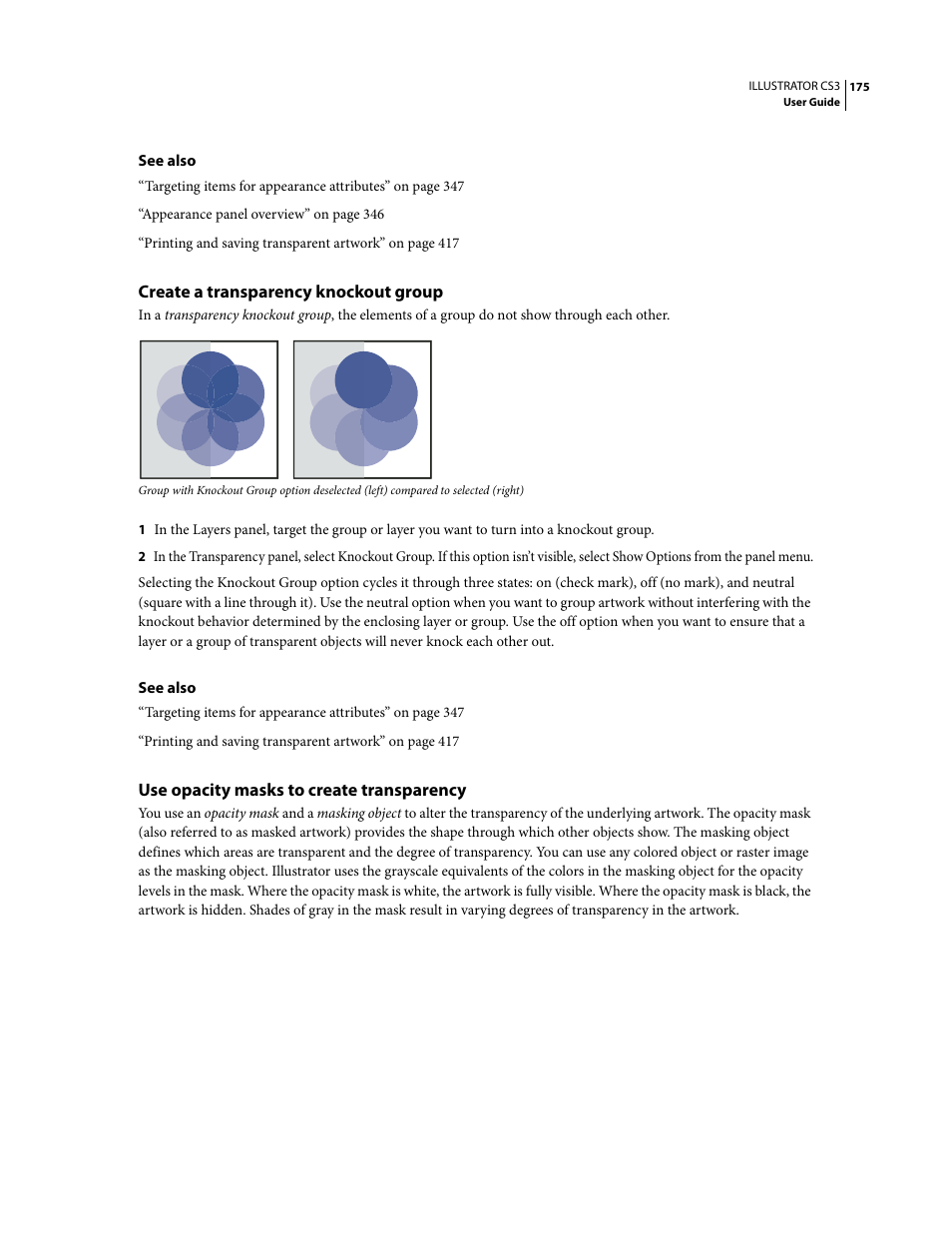 Create a transparency knockout group, Use opacity masks to create transparency | Adobe Illustrator CS3 User Manual | Page 181 / 495