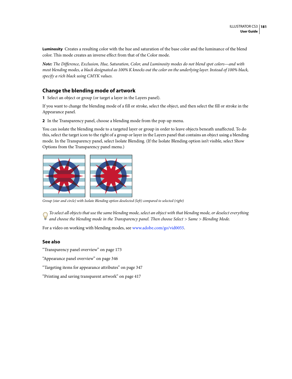 Change the blending mode of artwork | Adobe Illustrator CS3 User Manual | Page 187 / 495