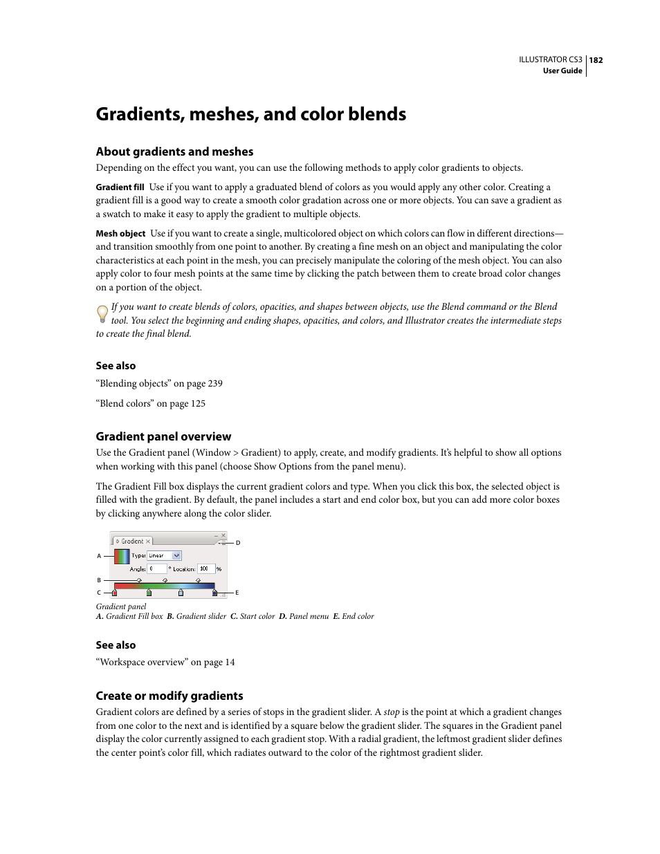 Gradients, meshes, and color blends, About gradients and meshes, Gradient panel overview | Create or modify gradients | Adobe Illustrator CS3 User Manual | Page 188 / 495