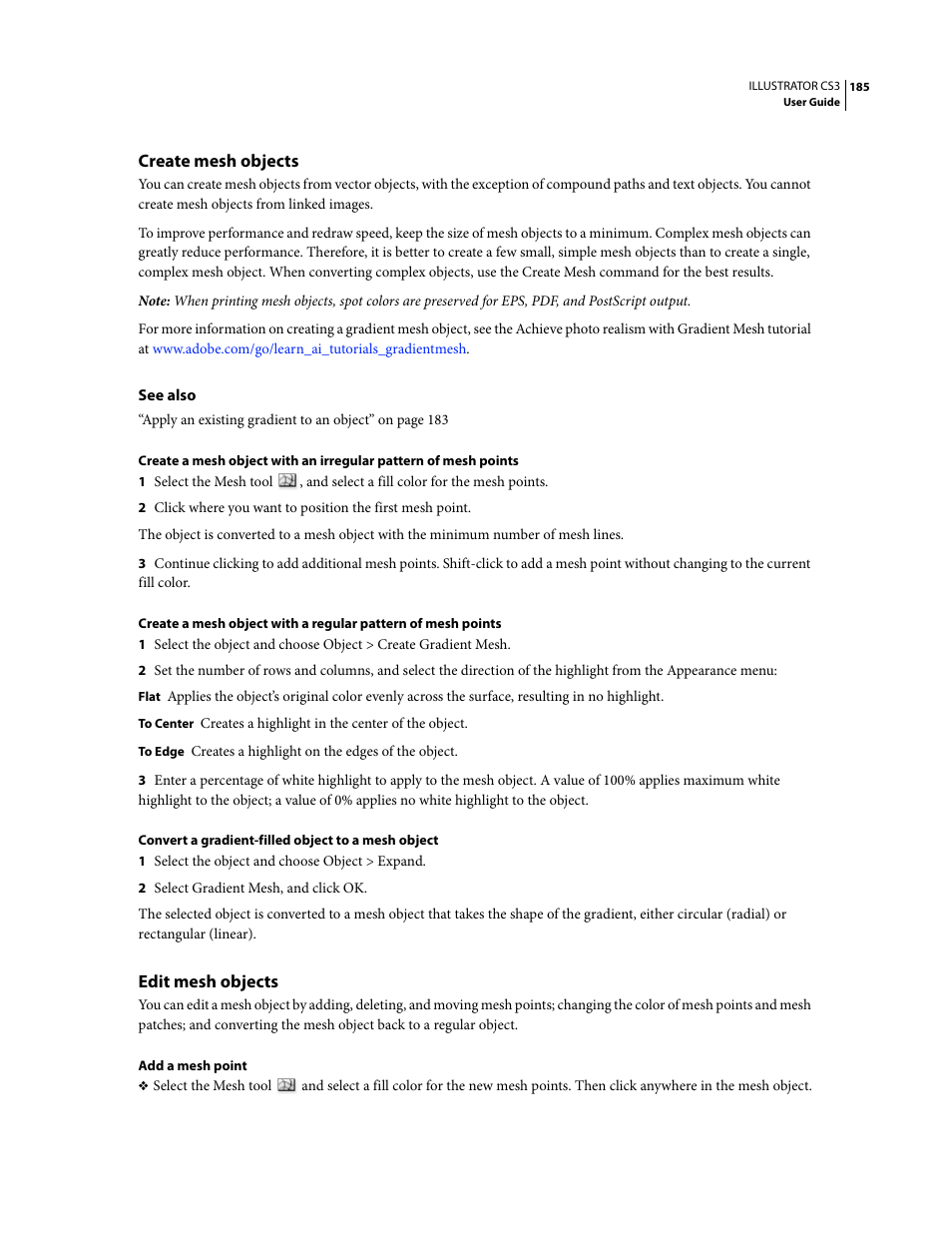 Create mesh objects, Edit mesh objects | Adobe Illustrator CS3 User Manual | Page 191 / 495