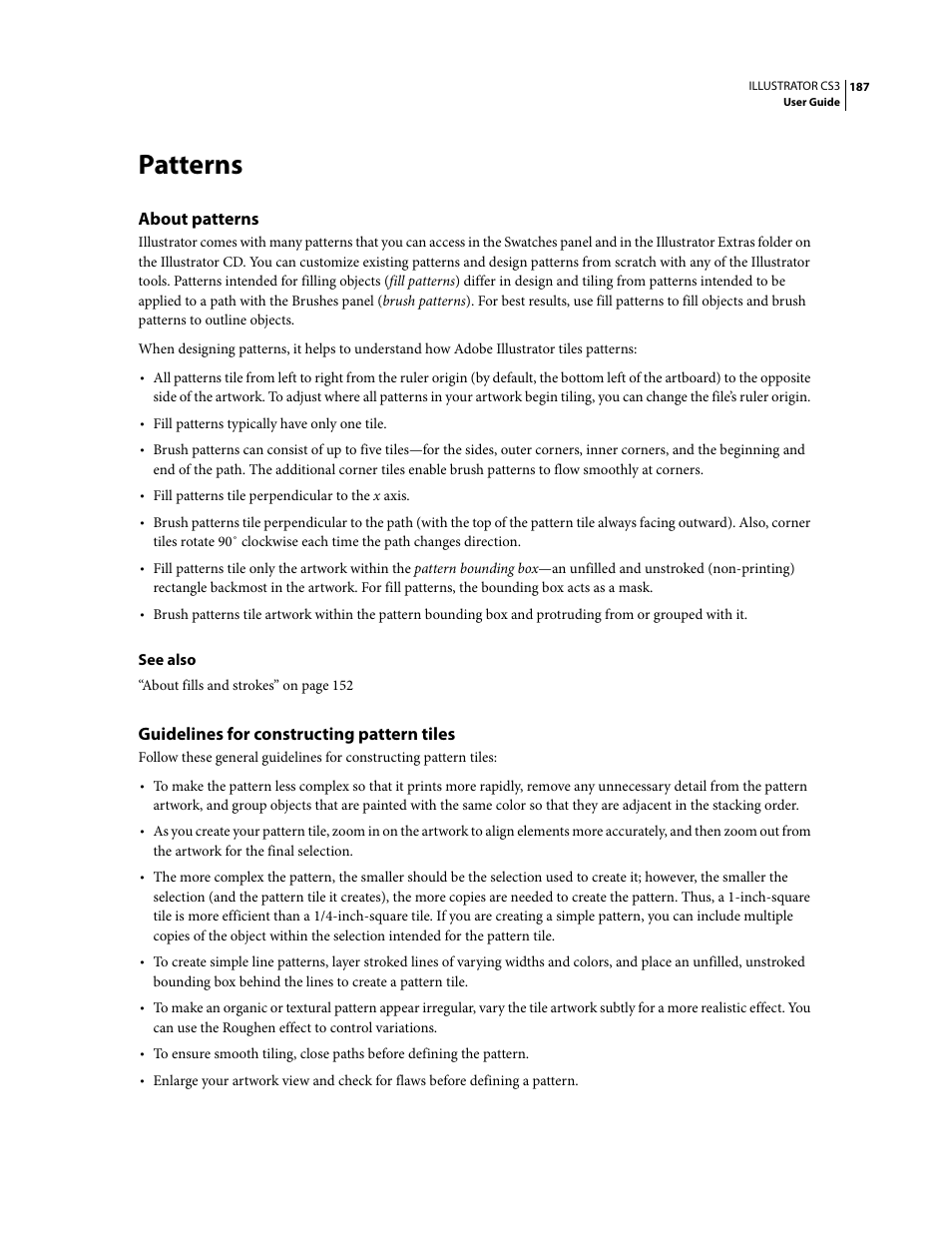 Patterns, About patterns, Guidelines for constructing pattern tiles | Adobe Illustrator CS3 User Manual | Page 193 / 495