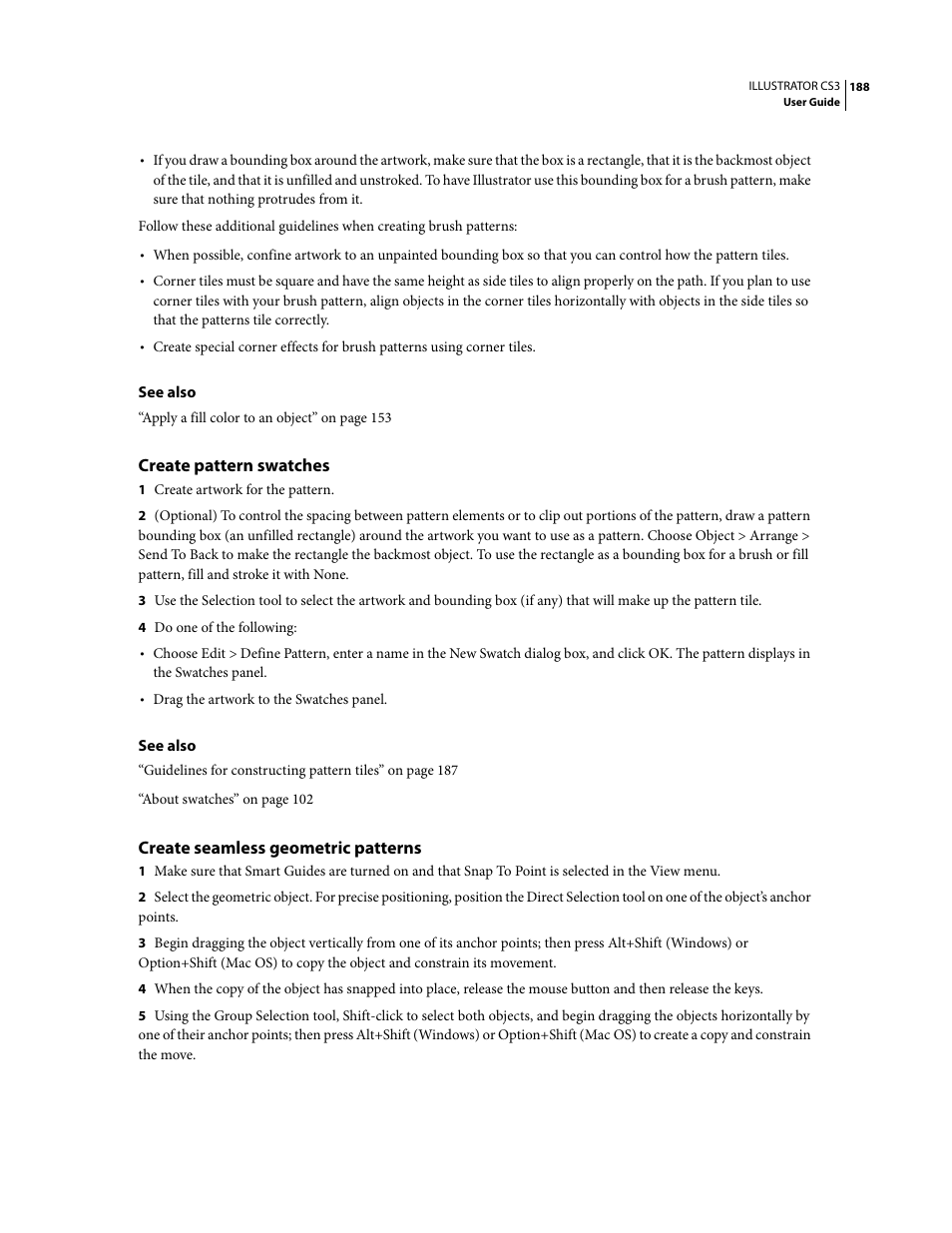 Create pattern swatches, Create seamless geometric patterns | Adobe Illustrator CS3 User Manual | Page 194 / 495