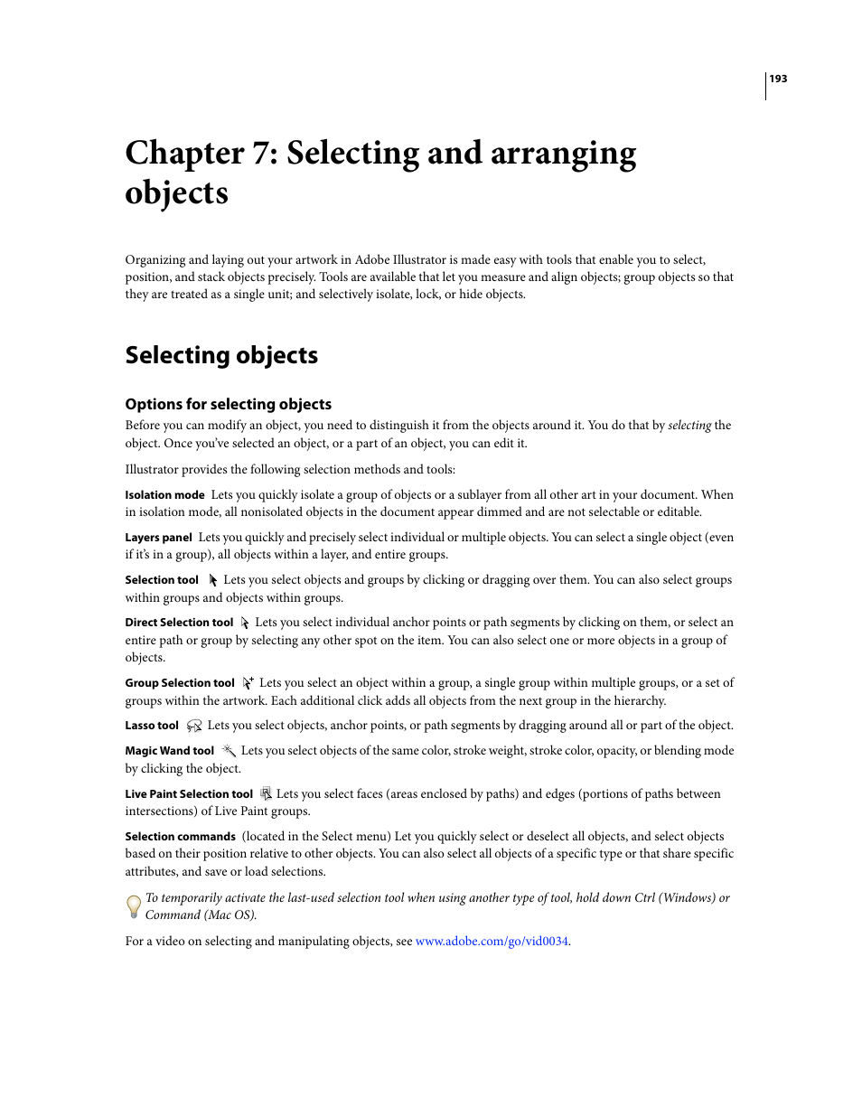 Chapter 7: selecting and arranging objects, Selecting objects, Options for selecting objects | Adobe Illustrator CS3 User Manual | Page 199 / 495