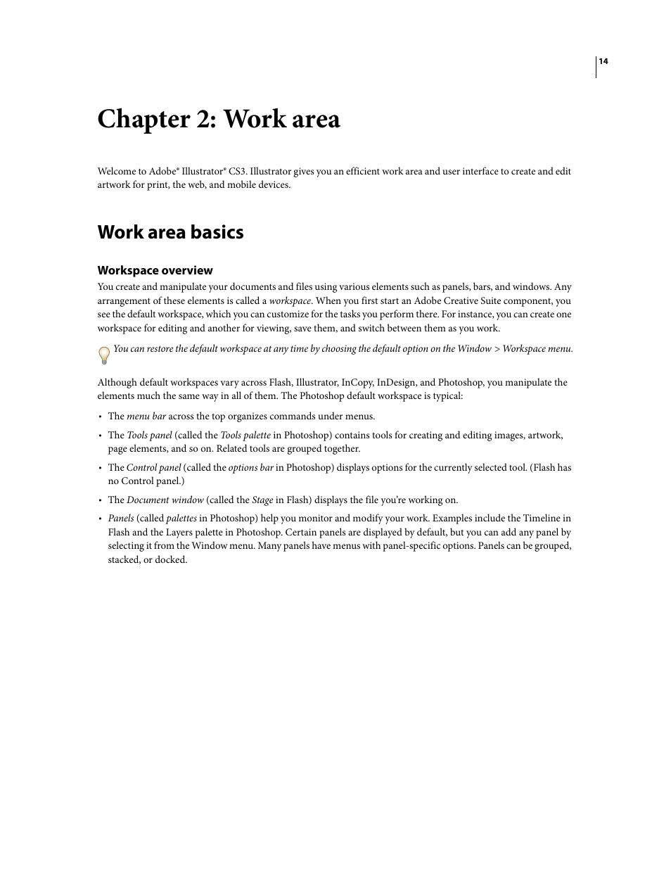 Chapter 2: work area, Work area basics, Workspace overview | Adobe Illustrator CS3 User Manual | Page 20 / 495