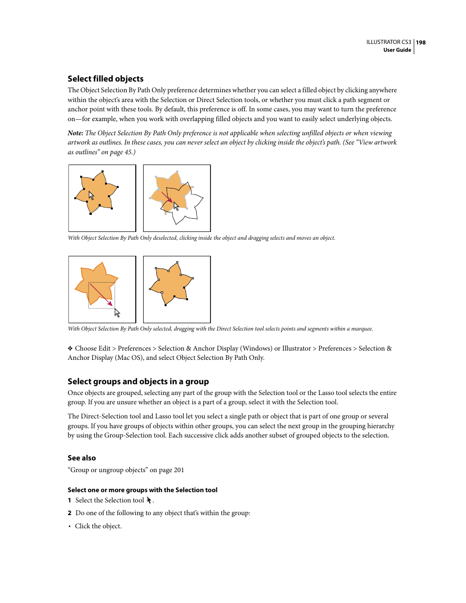 Select filled objects, Select groups and objects in a group | Adobe Illustrator CS3 User Manual | Page 204 / 495