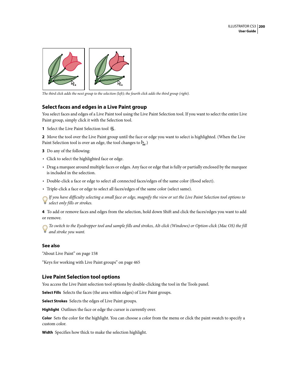 Select faces and edges in a live paint group, Live paint selection tool options | Adobe Illustrator CS3 User Manual | Page 206 / 495